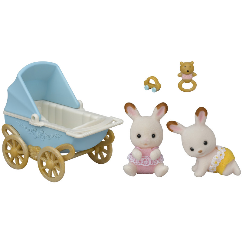 EPOCH Sylvanian Families gémeos Coelho de Chocolate com carrinho de bebé