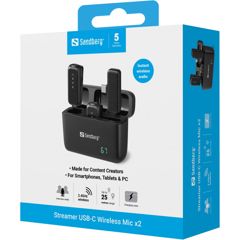 SANDBERG Streamer USB-C Wireless Mic x2 - Conjunto de microfone duplo - 20 Hz - 20 kHz