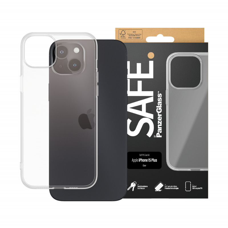 Capa rígida SAFE by PanzerGlass para iPhone 15 Plus transparente 100% TPU reciclado