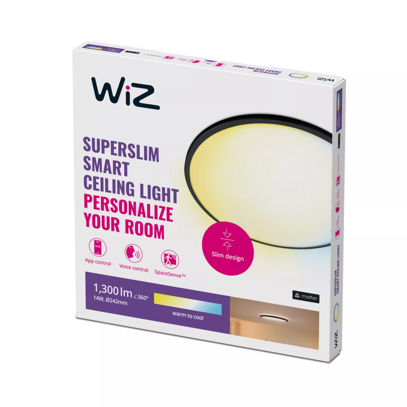 Luminária de teto Signify WiZ Super Slim, branco ajustável e cor, 14 W, preta