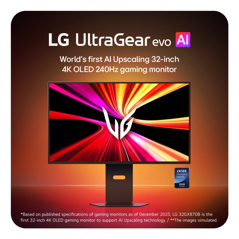 Monitor de gaming LG UltraGear Evo AI 32GX870B-B 31,5 polegadas Tandem OLED, 4K 240Hz / FHD 480Hz, HDR500, USB-C 90W