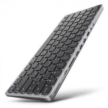 Teclado AXAGON HMC-KB-GE USB-C 5Gbps com hub 9-em-1, layout alemão, HDMI 4K, Gigabit Ethernet, 100W PD, leitor de cartões, preto