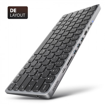 Teclado AXAGON HMC-KB-GE USB-C 5Gbps com hub 9-em-1, layout alemão, HDMI 4K, Gigabit Ethernet, 100W PD, leitor de cartões, preto