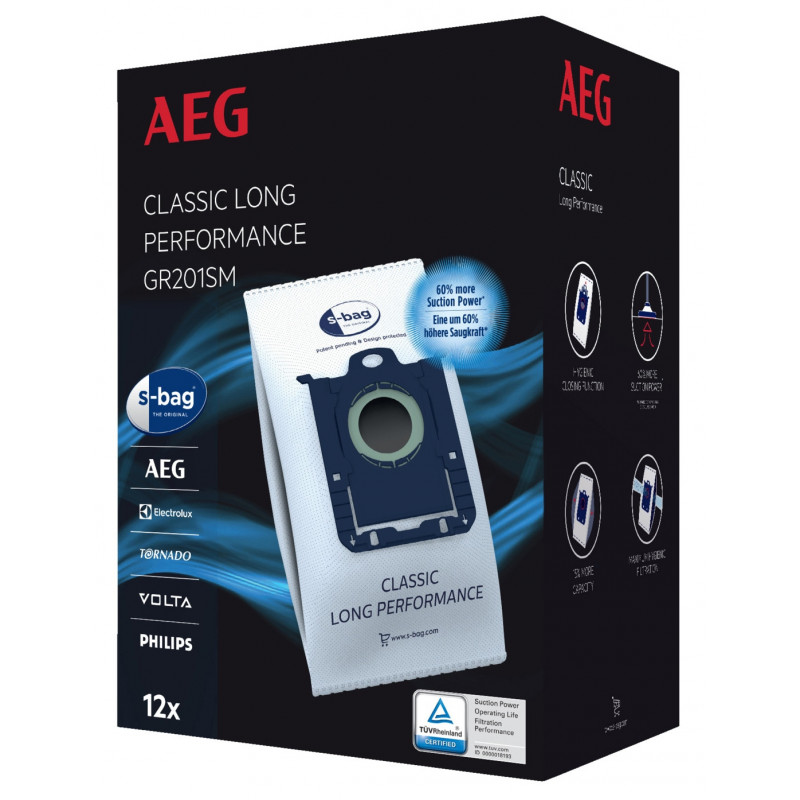 Sacos para aspirador AEG GR201SM s-bag Classic Long Performance, pack de 8, azul/branco, para VX4 Série 900 168 824