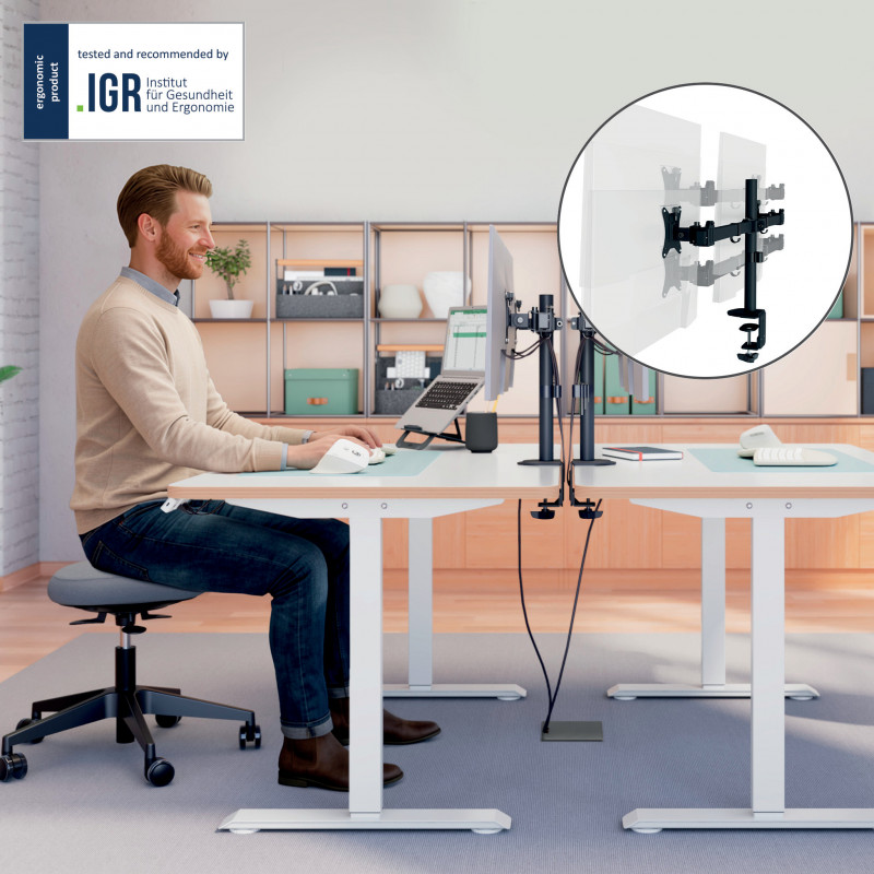 LEITZ Ergo Slim Suporte para dois monitores, com grampo de secretária, preto 61640095