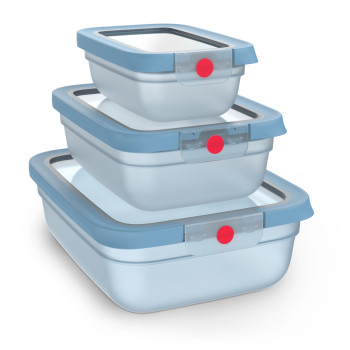 EMSA ONECLICK Conjunto de recipientes de armazenamento, 3 peças, 0,5/1,2/2,3 L, tampas azuis, recipientes transparentes 3110601764