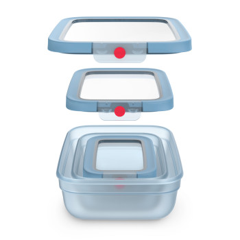 EMSA ONECLICK Conjunto de recipientes de armazenamento, 3 peças, 0,5/1,2/2,3 L, tampas azuis, recipientes transparentes 3110601764