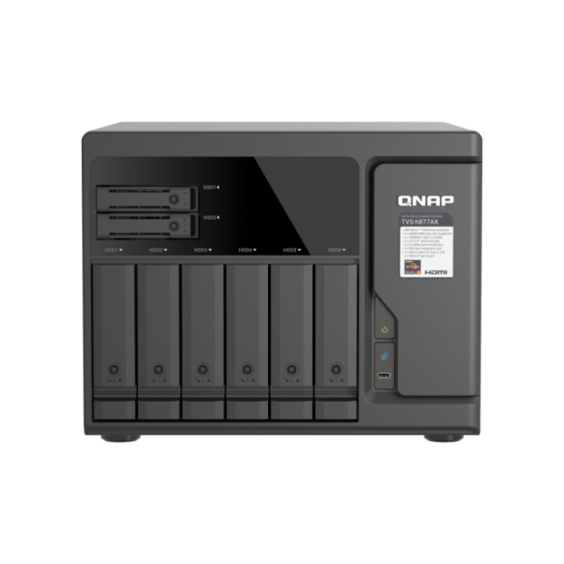 QNAP TVS-H877AX-R5-16G NAS QuTS hero de 8 baías, AMD Ryzen V1500B, 16GB RAM, 2x2.5GbE, montagem em rack 2U