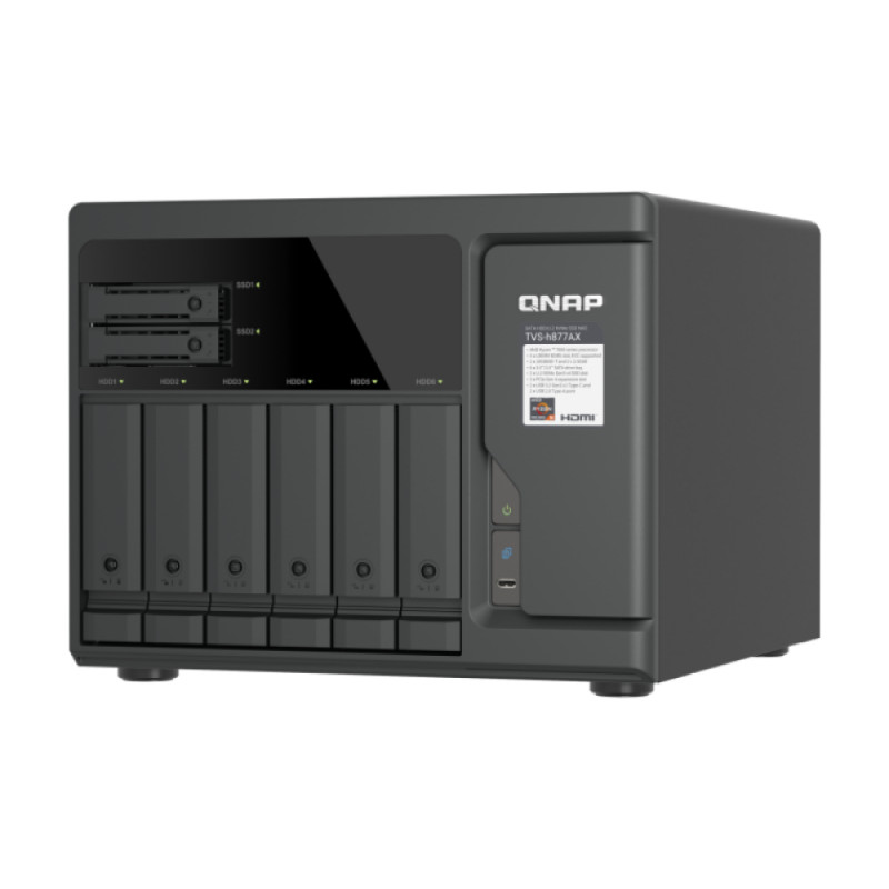 QNAP TVS-H877AX-R5-16G NAS QuTS hero de 8 baías, AMD Ryzen V1500B, 16GB RAM, 2x2.5GbE, montagem em rack 2U