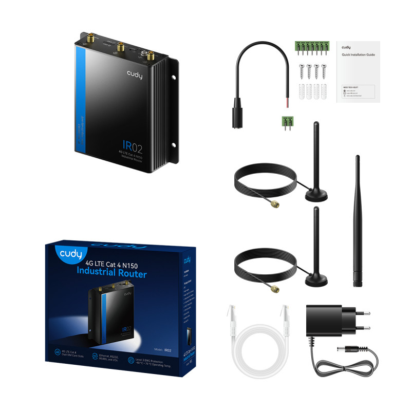 Router industrial Cudy IR02 4G LTE Cat 4, Dual SIM, 2x Ethernet, montagem em calha DIN, EU IR02_EU