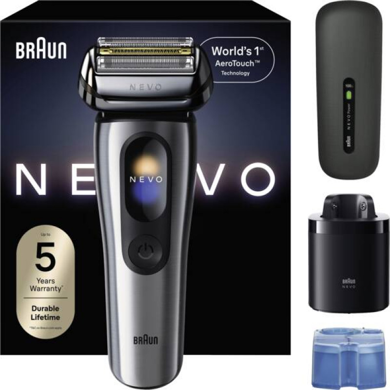 Braun NEVO 17000cc Máquina de barbear elétrica com estação Clean&Charge, 5 modos, cabeça de corte 360°, cromado/prateado 349659