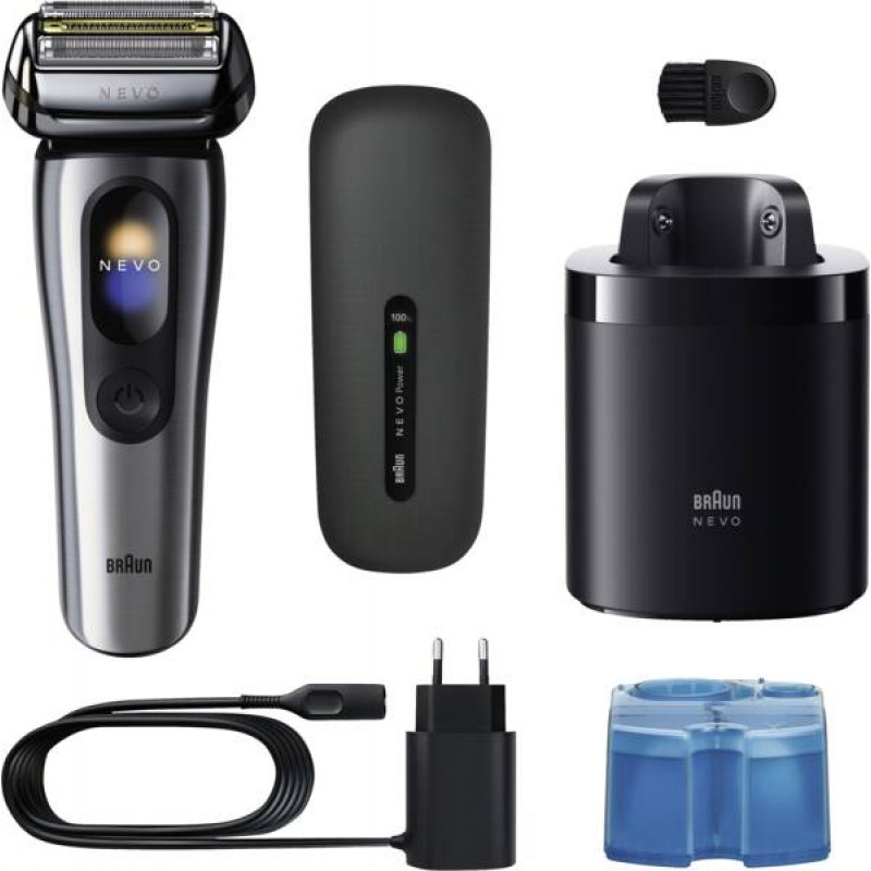 Braun NEVO 17000cc Máquina de barbear elétrica com estação Clean&Charge, 5 modos, cabeça de corte 360°, cromado/prateado 349659