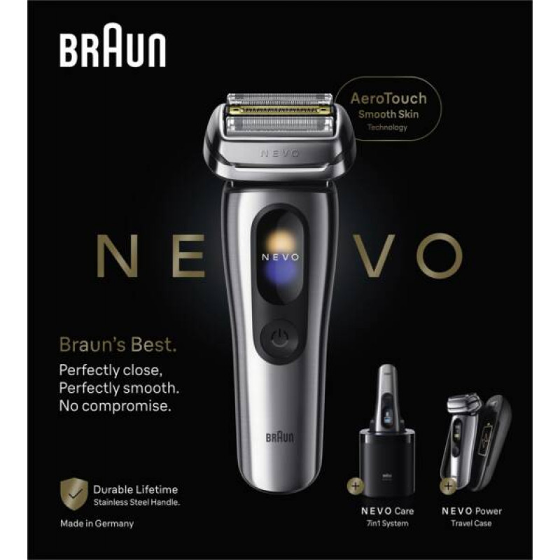 Braun NEVO 17000cc Máquina de barbear elétrica com estação Clean&Charge, 5 modos, cabeça de corte 360°, cromado/prateado 349659