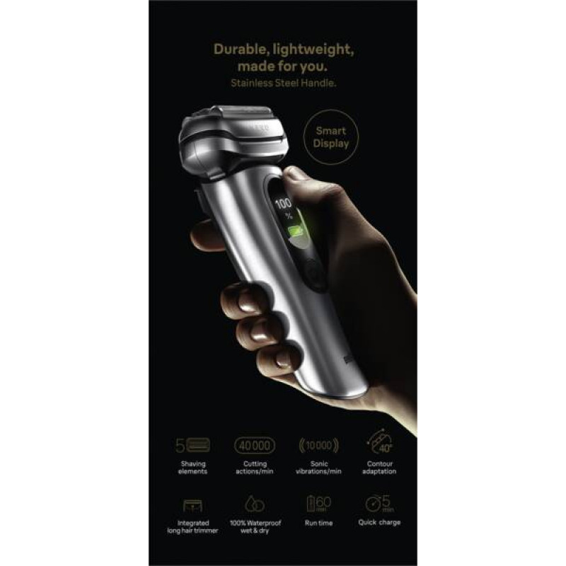 Braun NEVO 17000cc Máquina de barbear elétrica com estação Clean&Charge, 5 modos, cabeça de corte 360°, cromado/prateado 349659