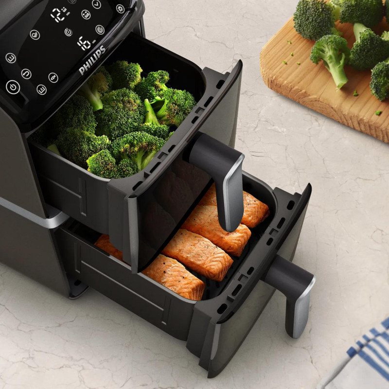 Philips Ovi Stacked Dual Basket 4000 fritadeira de ar quente 9L 2700W preta e prateada NA461/00
