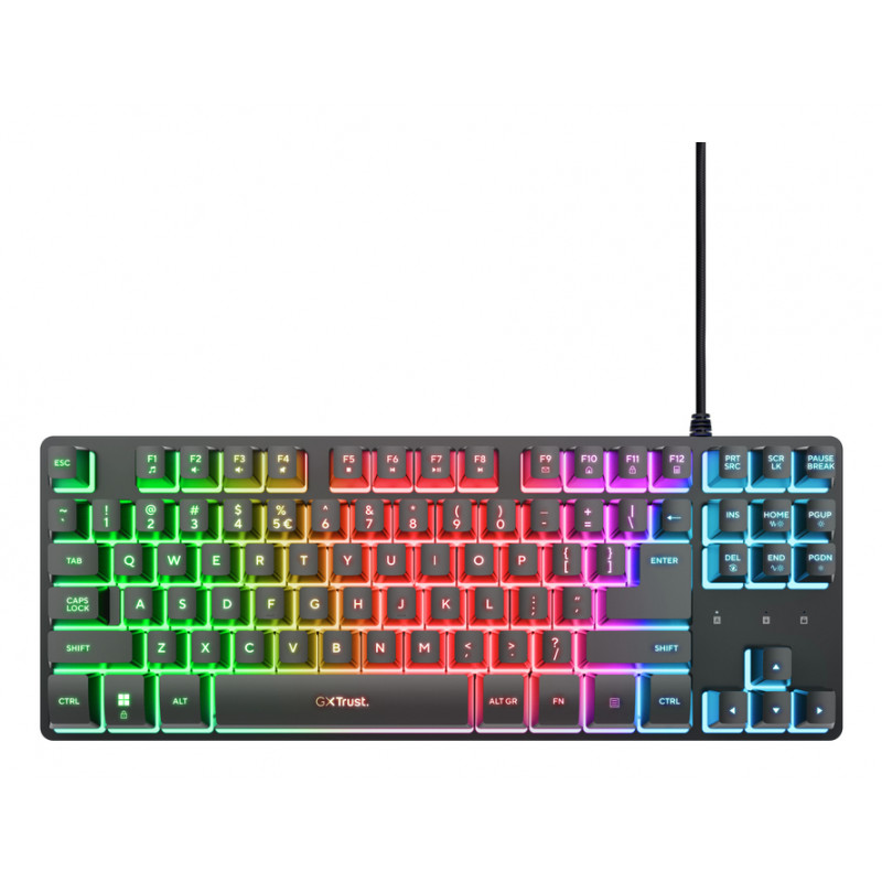 Teclado gaming Trust Gaming GXT833 THADO TKL - Tenkeyless, placa superior em metal, retroiluminação LED multicolorida, membrana, USB com fio