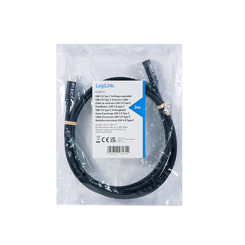 LogiLink CU0211 cabo de extensão USB-C 100W 2m preto