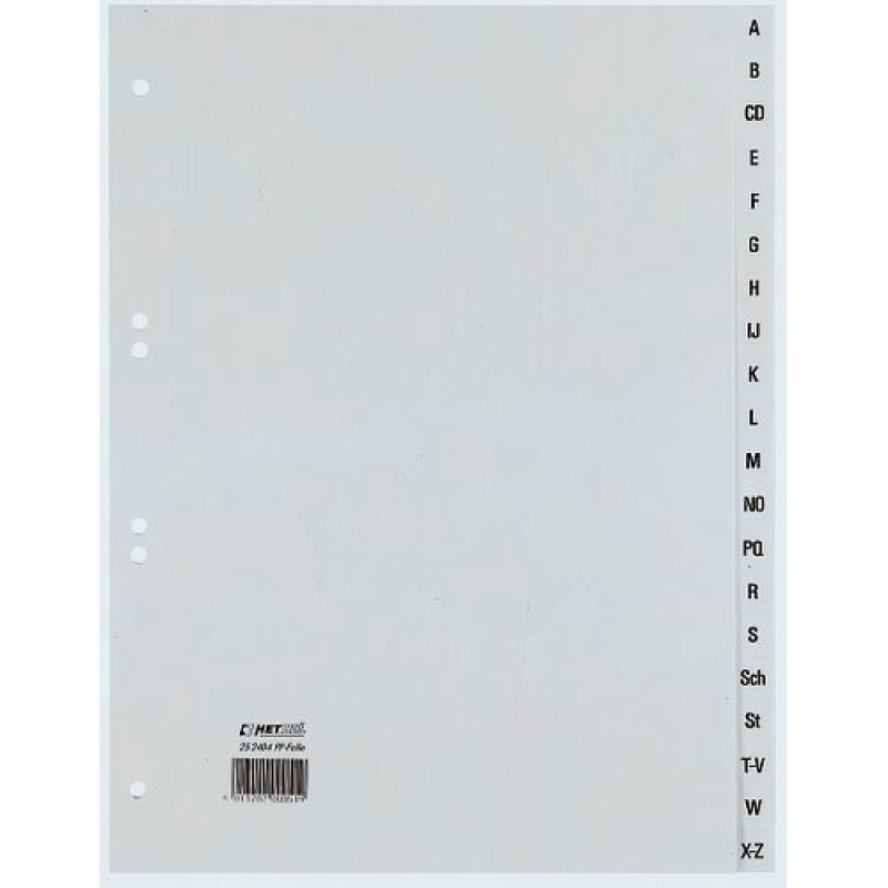 Separador A4 A-Z REXEL HETZEL, 20 separadores, polipropileno, cinzento, furação 80-80-80 mm 25240481