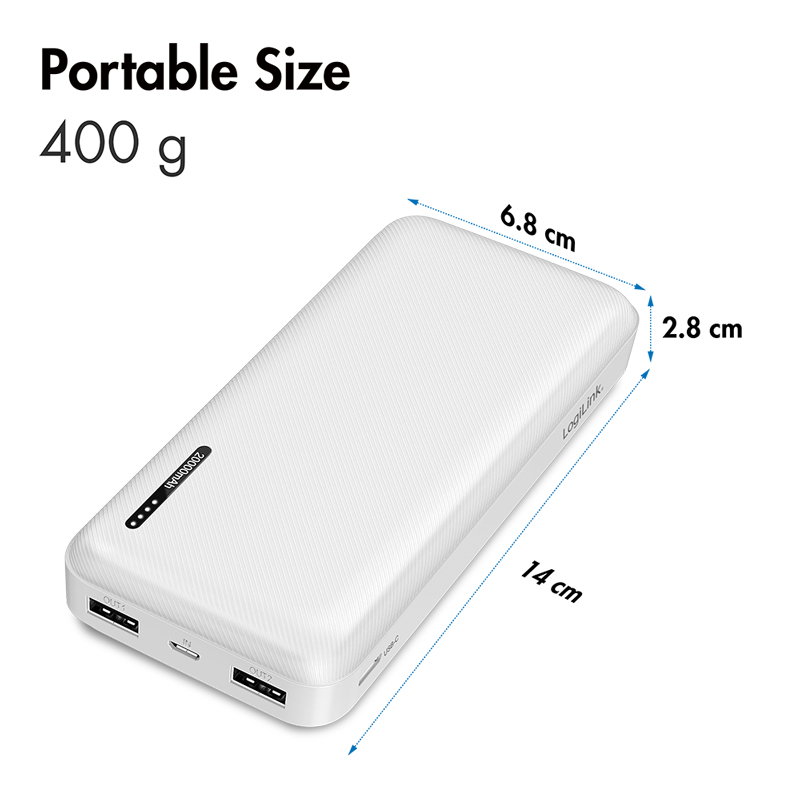 LogiLink PA0323W power bank 20000 mAh branco - 2x USB-A, 1x USB-C, 20W PD
