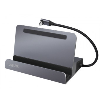 Docking station LogiLink UA0408 USB-C com suporte para tablet, HDMI 4K@60Hz, 100W PD, Gigabit Ethernet, prateado