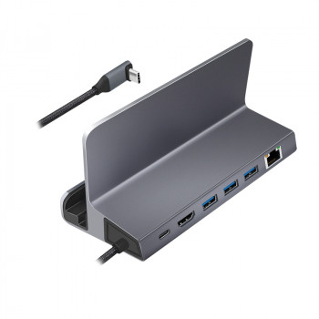 Docking station LogiLink UA0408 USB-C com suporte para tablet, HDMI 4K@60Hz, 100W PD, Gigabit Ethernet, prateado