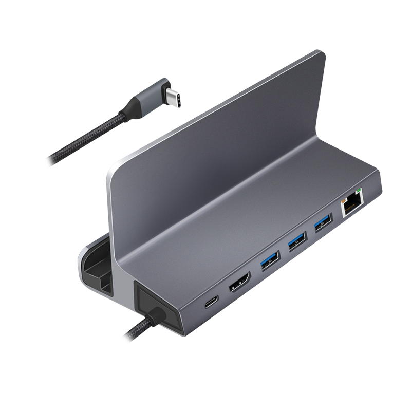 Docking station LogiLink UA0408 USB-C com suporte para tablet, HDMI 4K@60Hz, 100W PD, Gigabit Ethernet, prateado