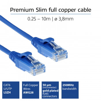ACT 0,25 m cabo de rede LSZH U/UTP CAT6 Datacenter Slimline azul com fichas RJ45 DC9652