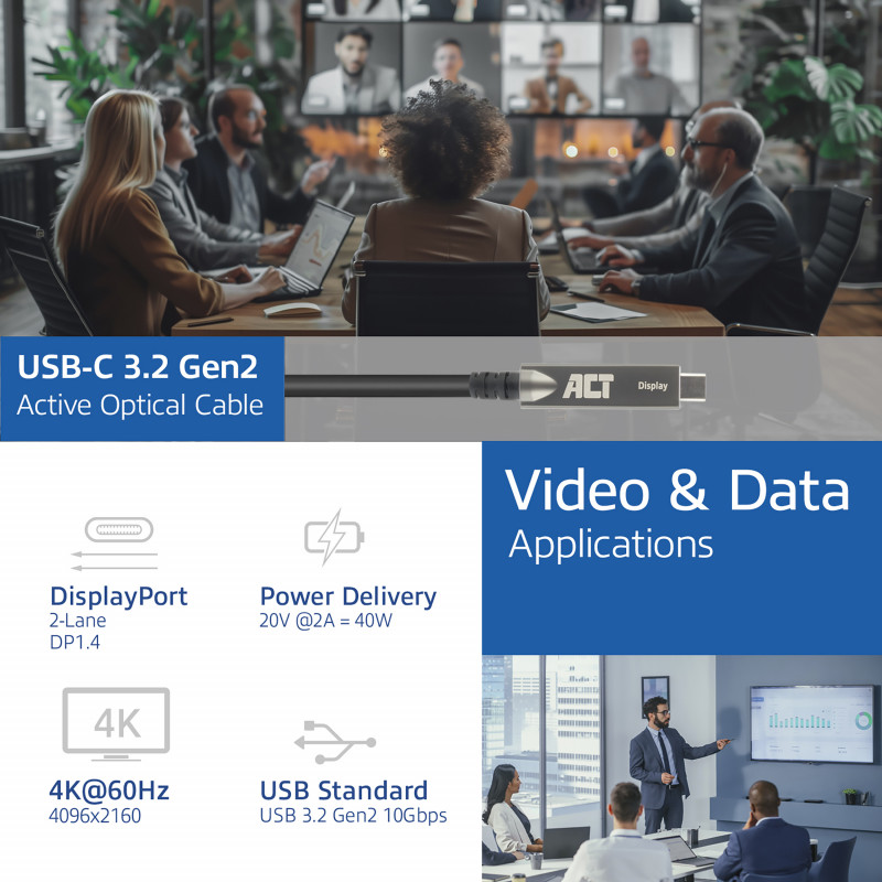 Cabo ótico ativo (AOC) ACT USB-C 3.2 Gen2, para painéis táteis, vídeo, dados, energia, 15m (AK4335)