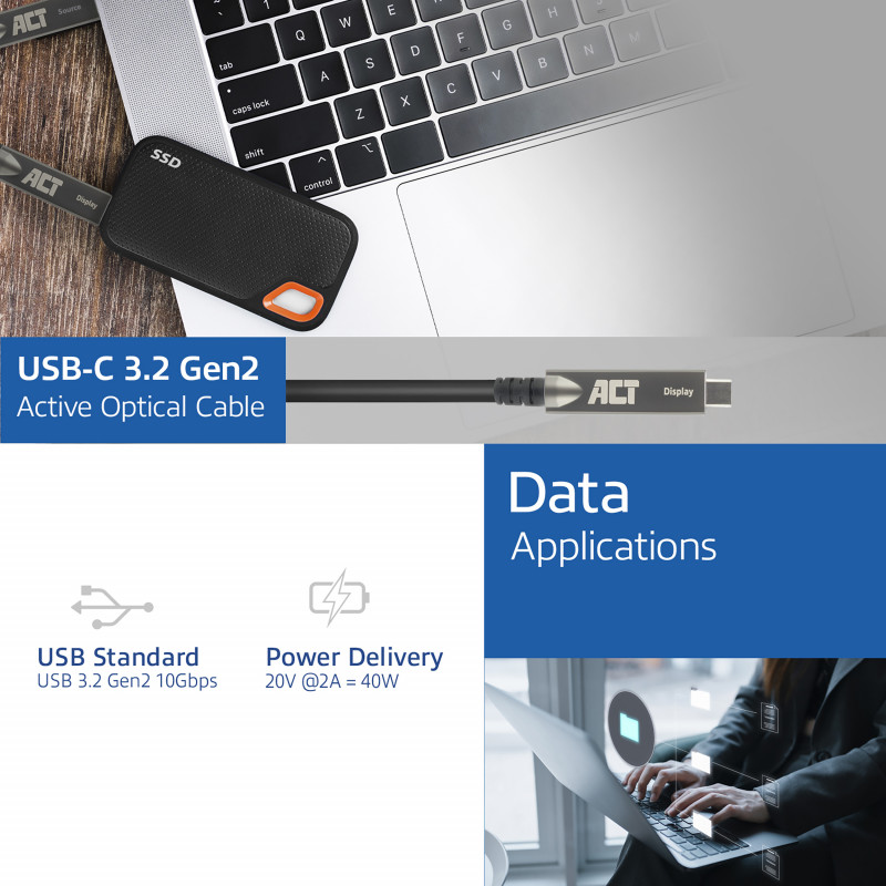 Cabo ótico ativo (AOC) ACT USB-C 3.2 Gen2, para painéis táteis, vídeo, dados, energia, 15m (AK4335)