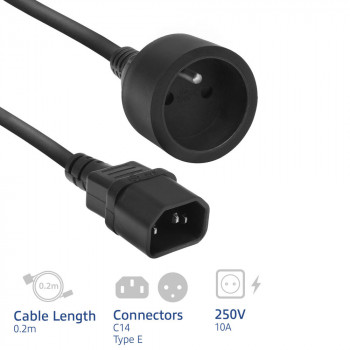 Cabo de alimentação ACT C14 para conector fêmea Type E 0,2 m preto 10A AK5385