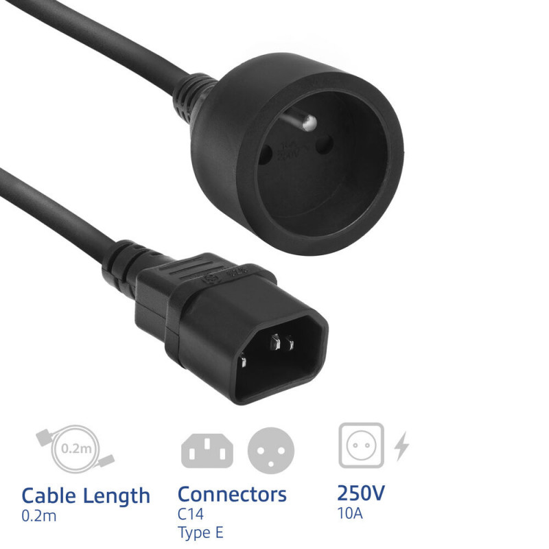 Cabo de alimentação ACT C14 para conector fêmea tipo E 0,2 m preto 10A AK5385