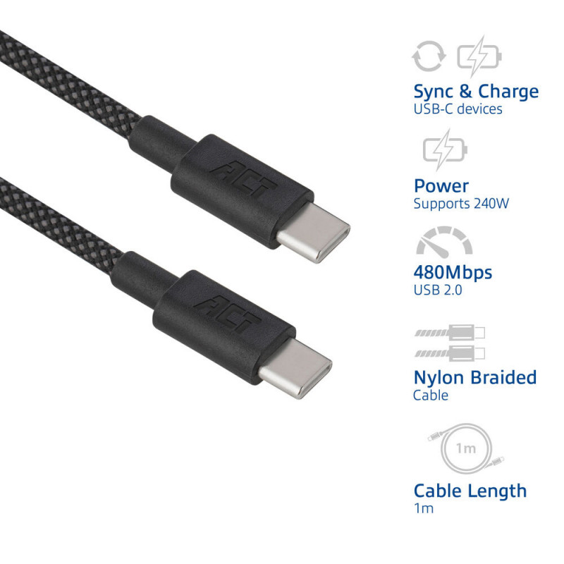 ACT cabo de carregamento/dados USB 2.0 240W USB-C para USB-C, preto, 1m (AC3086)