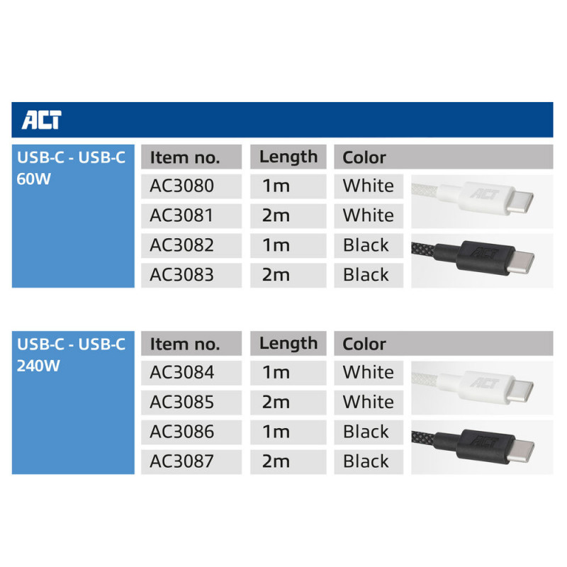 ACT cabo de carregamento/dados USB 2.0 240W USB-C para USB-C, preto, 1m (AC3086)