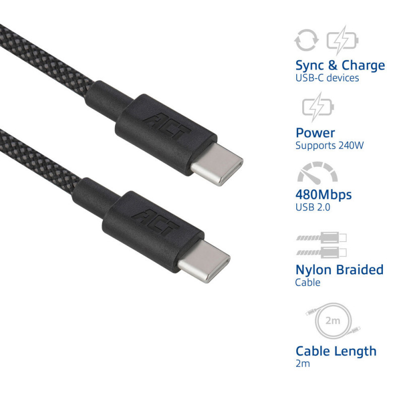 ACT cabo de carregamento/dados USB 2.0 240W USB-C para USB-C, preto, 2 m (AC3087)