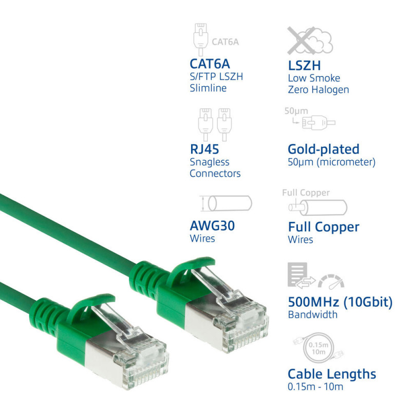 Cabo de rede ACT verde 2m LSZH S/FTP CAT6A Slimline Snagless com conectores RJ45 (DB7702)