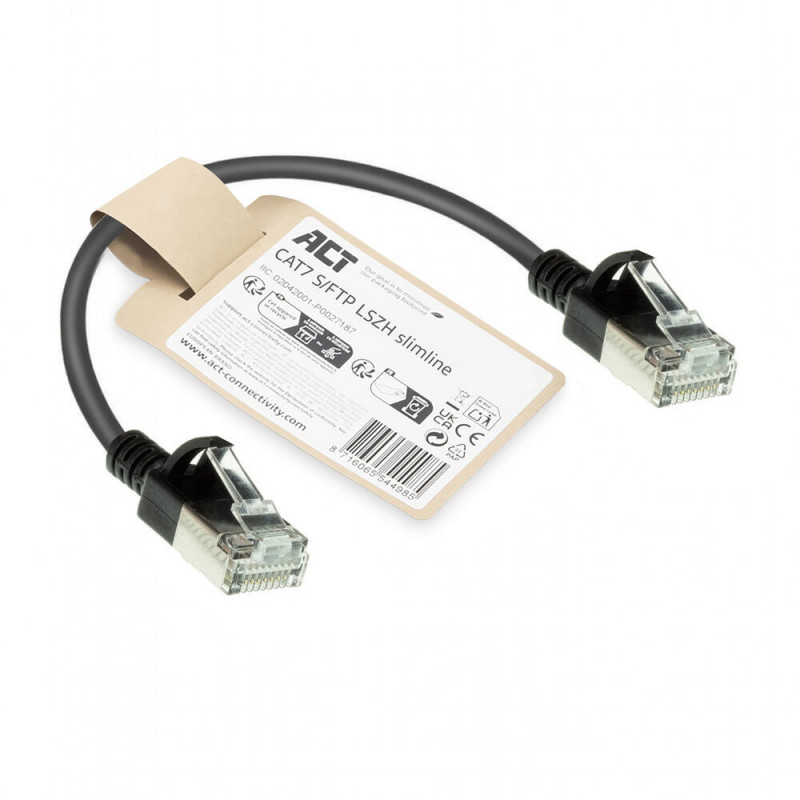 Cabo de rede ACT preto 0,15 m LSZH S/FTP CAT7 Slimline Snagless com fichas RJ45 (DF7930)