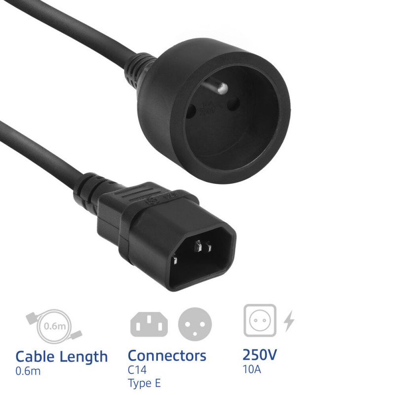 Cabo de alimentação ACT C14 IEC 60320 - conector fêmea tipo E (corrente máx. 10A) preto 0,6 m (AK5386)