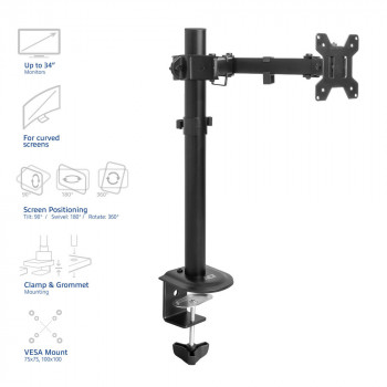 ACT AC8361 Braço para monitor 17-34 polegadas, mola a gás, fixação por grampo e passagem de cabo na mesa, VESA 75/100, preto