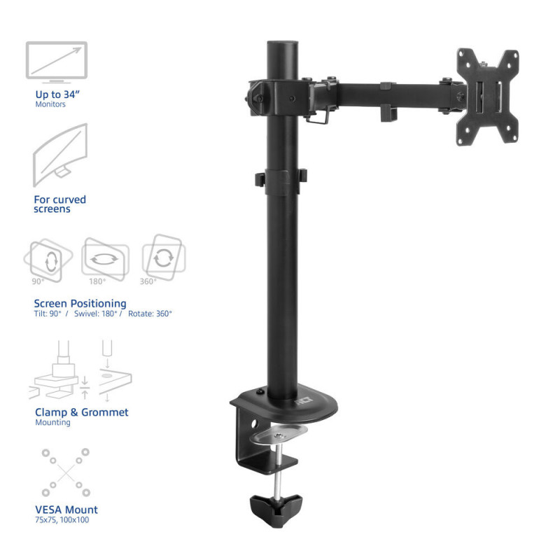 ACT AC8361 Braço para monitor 17-34 polegadas, mola a gás, fixação por grampo e passagem de cabo na mesa, VESA 75/100, preto