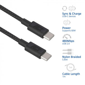 ACT Cabo de carregamento/dados USB 2.0 60W USB-C para USB-C, preto, 1 metro (AC3082)