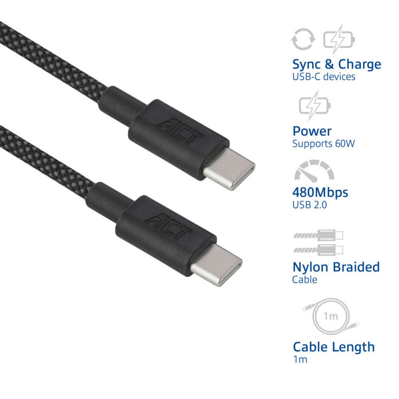 ACT Cabo de carregamento/dados USB 2.0 60W USB-C para USB-C, preto, 1 metro (AC3082)