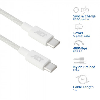 ACT Cabo de carregamento/dados USB 2.0 240W USB-C para USB-C, branco, 1 m (AC3084)
