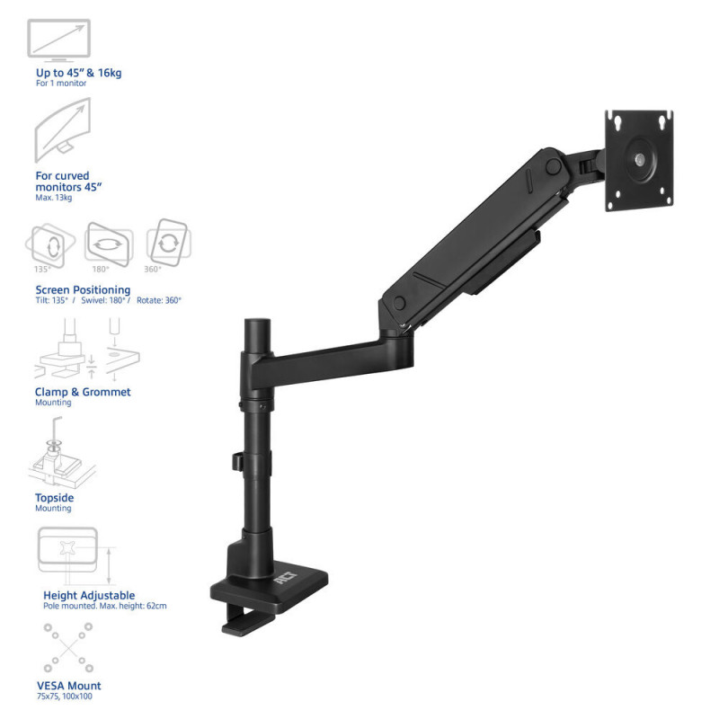 ACT Braço para monitor 45 polegadas Office Solid Pro montagem em haste com mola a gás 1 monitor (AC8329)