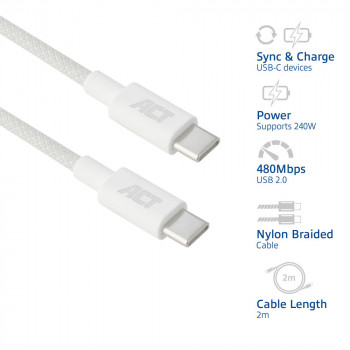 ACT Cabo de carregamento/dados USB 2.0 240W USB-C para USB-C, branco, 2m (AC3085)