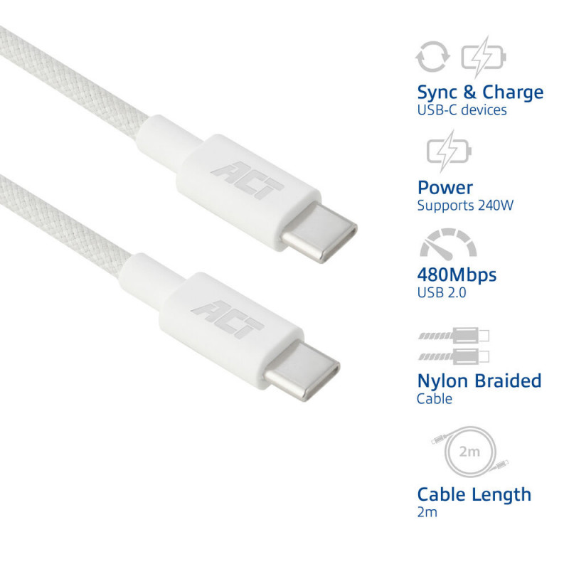 ACT Cabo de carregamento/dados USB 2.0 240W USB-C para USB-C, branco, 2m (AC3085)
