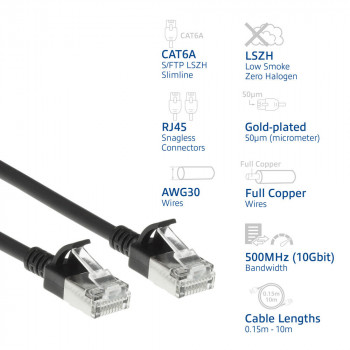 Cabo de rede patch LSZH S/FTP CAT6A Slimline Snagless preto 1m com fichas RJ45 (DB7901)