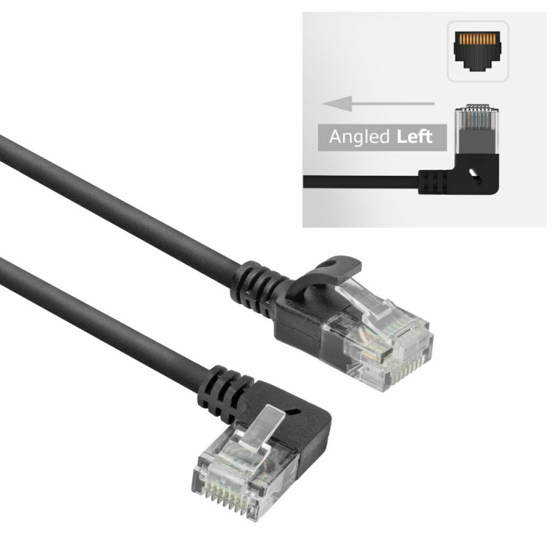 Cabo de patch slim CAT6A U/UTP LSZH ACT DC1901, 1 m, RJ45 90° angular à esquerda para reto, preto