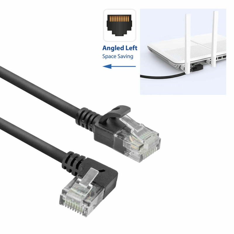 Cabo de patch slim CAT6A U/UTP LSZH ACT DC1901, 1 m, RJ45 90° angular à esquerda para reto, preto