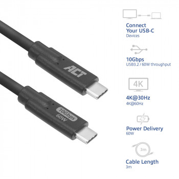Cabo ACT AC7443 USB-C (M) para USB-C (M), 24 pinos