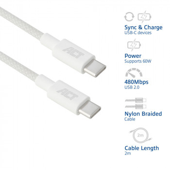 Cabo de carregamento/dados USB 2.0 60W ACT USB-C para USB-C, branco, 2 m (AC3081)